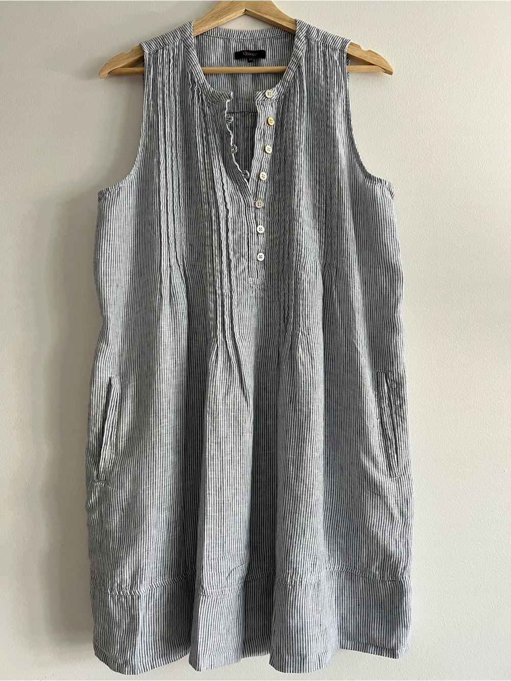 Quince 100% European Linen Sleeveless Swing Dress in blue pinstripe - Picture 2 of 5